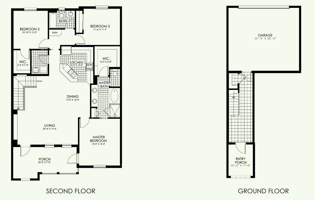 Santa Pablo Townhome Floor Plan in Paseo, 3 bedroom, 2 bath, living room, dining room, porch and 2-car garage